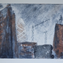 Collagraph plate developed with some areas left as ghosts and some areas rolled or rubbed with a second colour.